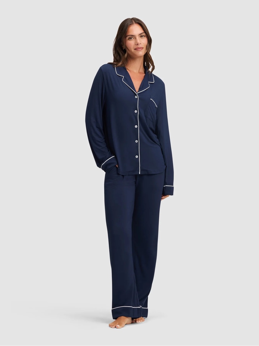 Cozy Earth Navy Blue Pajama Top White Piping Button Down Lounge Sleepwear - Picture 5 of 9